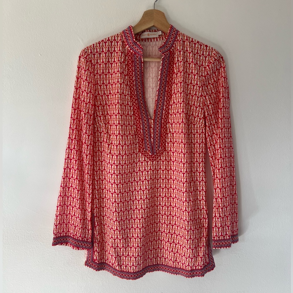 Tory Burch Red & Pink "T" Pattern‎ Embroidered Long Sleeve Trim Tunic Top Size 4